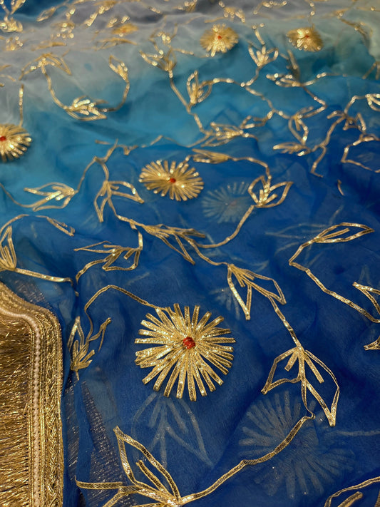 BLUE SHADED CHIFFON GOTA PATTI WORK EMBROIDERED SAREE WITH UNSTITCHED SUIT