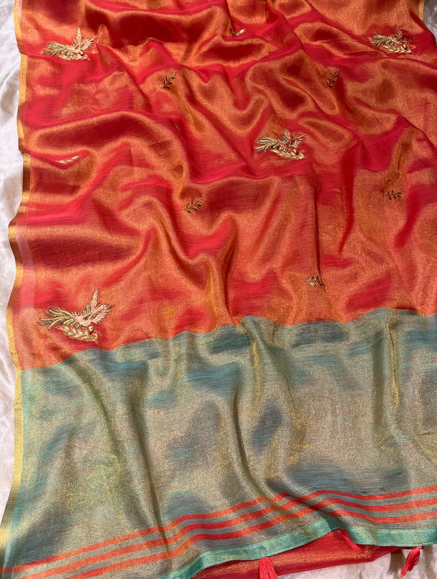 ORANGE COLOUR TISSUE HAND EMBROIDERED SAREE EMBELLISHED WITH AARI & CUTDANA WORK