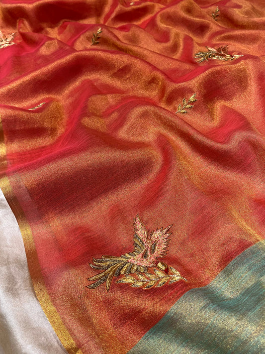 ORANGE COLOUR TISSUE HAND EMBROIDERED SAREE EMBELLISHED WITH AARI & CUTDANA WORK