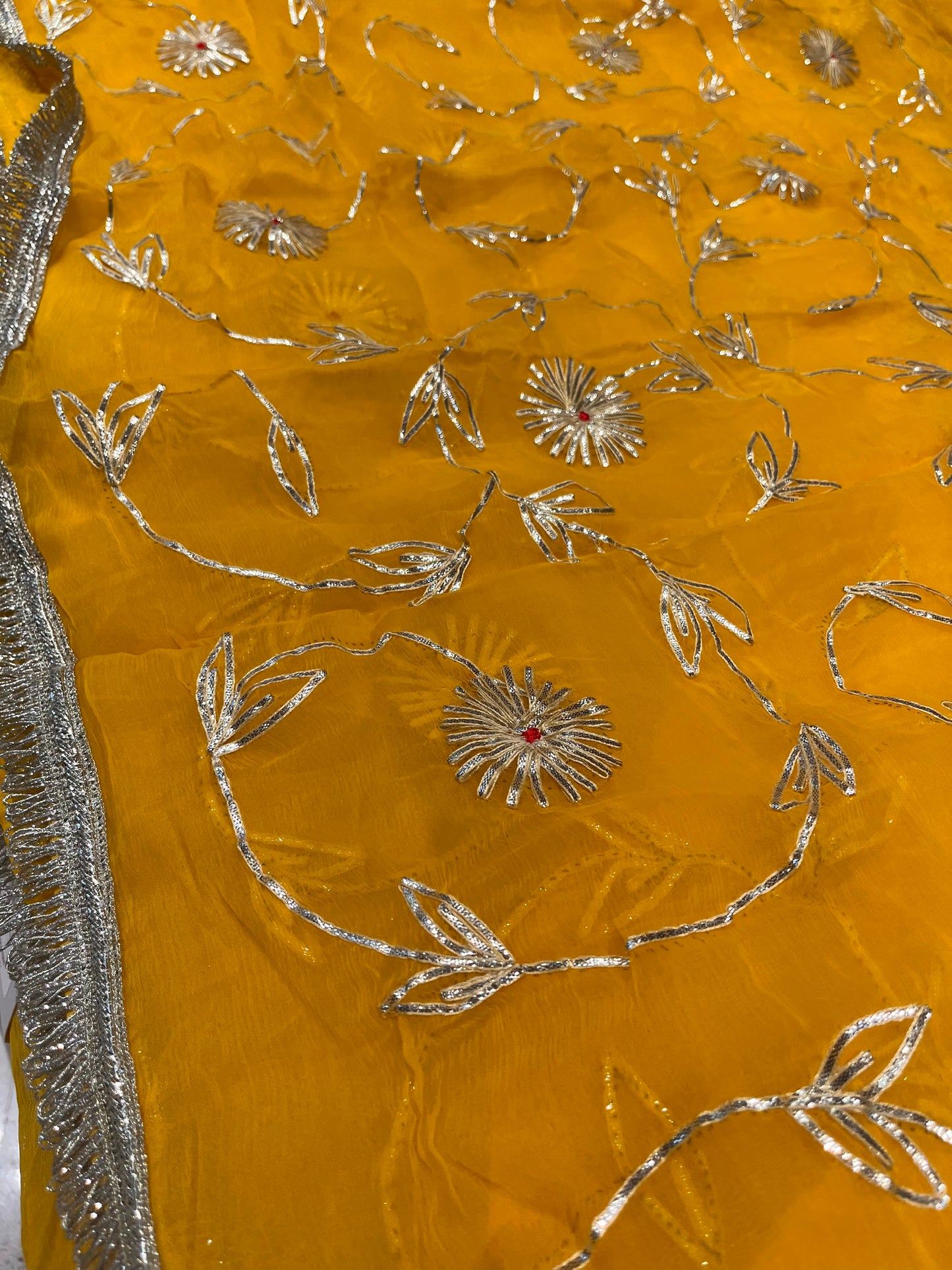 YELLOW COLOUR CHIFFON GOTA PATTI WORK EMBROIDERED SAREE WITH UNSTITCHED BLOUSE - Kothari Sons