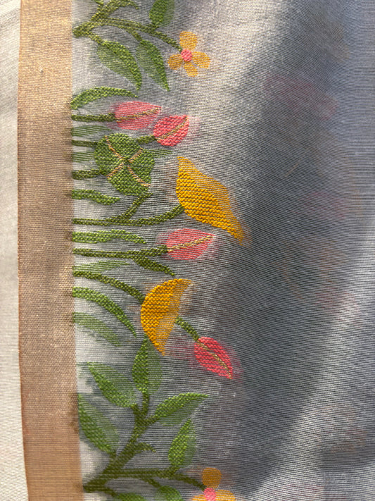 SLATE BLUE COTTON JAMDANI UNSTITCHED SUIT SET WITH DUPATTA (NO BOTTOMS)