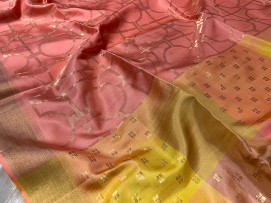PEACH COLOUR PURE DHARMAVARAM SILK SAREE EMBELLISHED WITH ZARI WEAVES