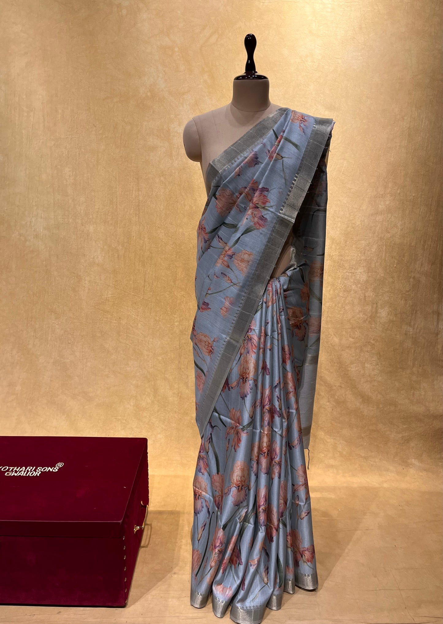 GREY COLOUR FAUX SILK PRINTED SAREE WITH ZARI BORDER