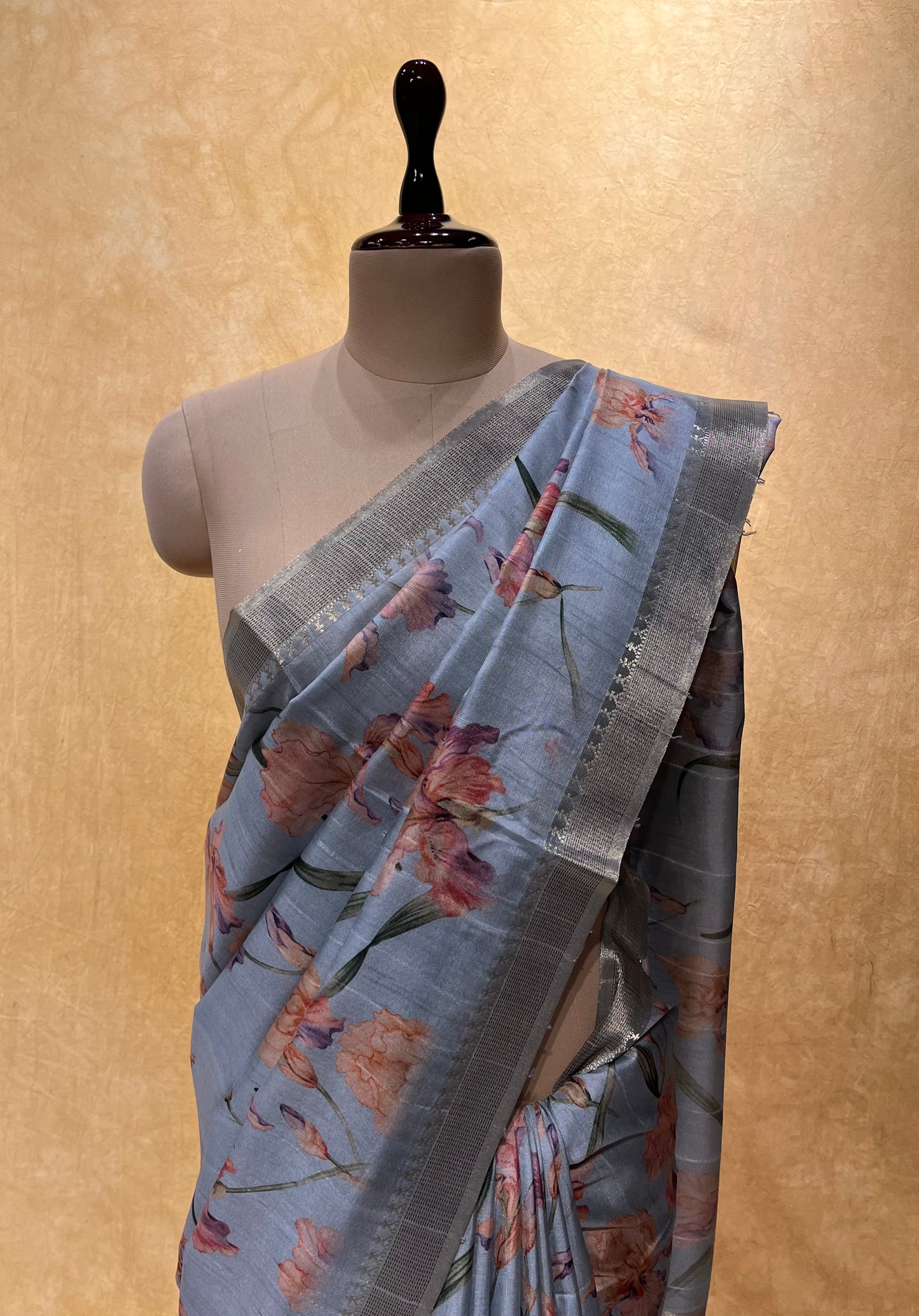 GREY COLOUR FAUX SILK PRINTED SAREE WITH ZARI BORDER