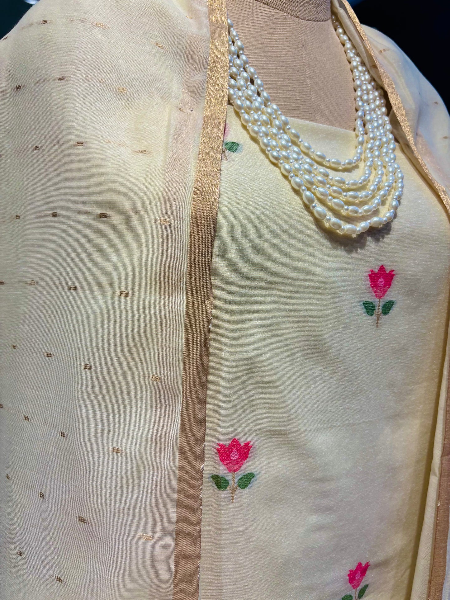 PALE YELLOW COTTON JAMDANI UNSTITCHED SUIT SET WITH DUPATTA (NO BOTTOMS)