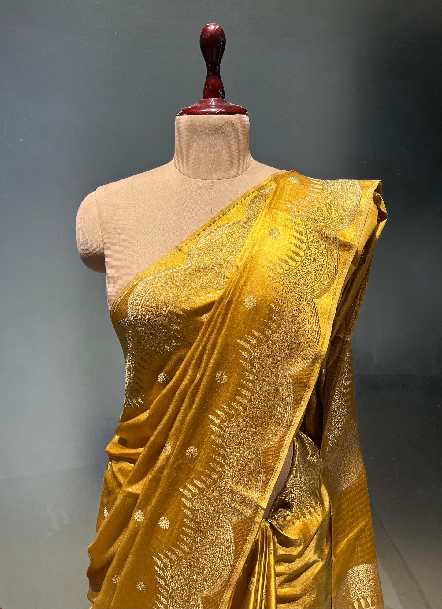 MUSTARD COLOUR SATIN SILK SAREE EMBELLISHED WITH ZARI WEAVES