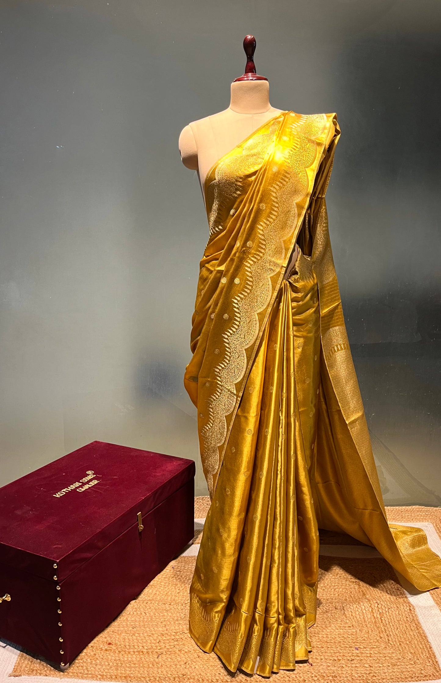 MUSTARD COLOUR SATIN SILK SAREE EMBELLISHED WITH ZARI WEAVES