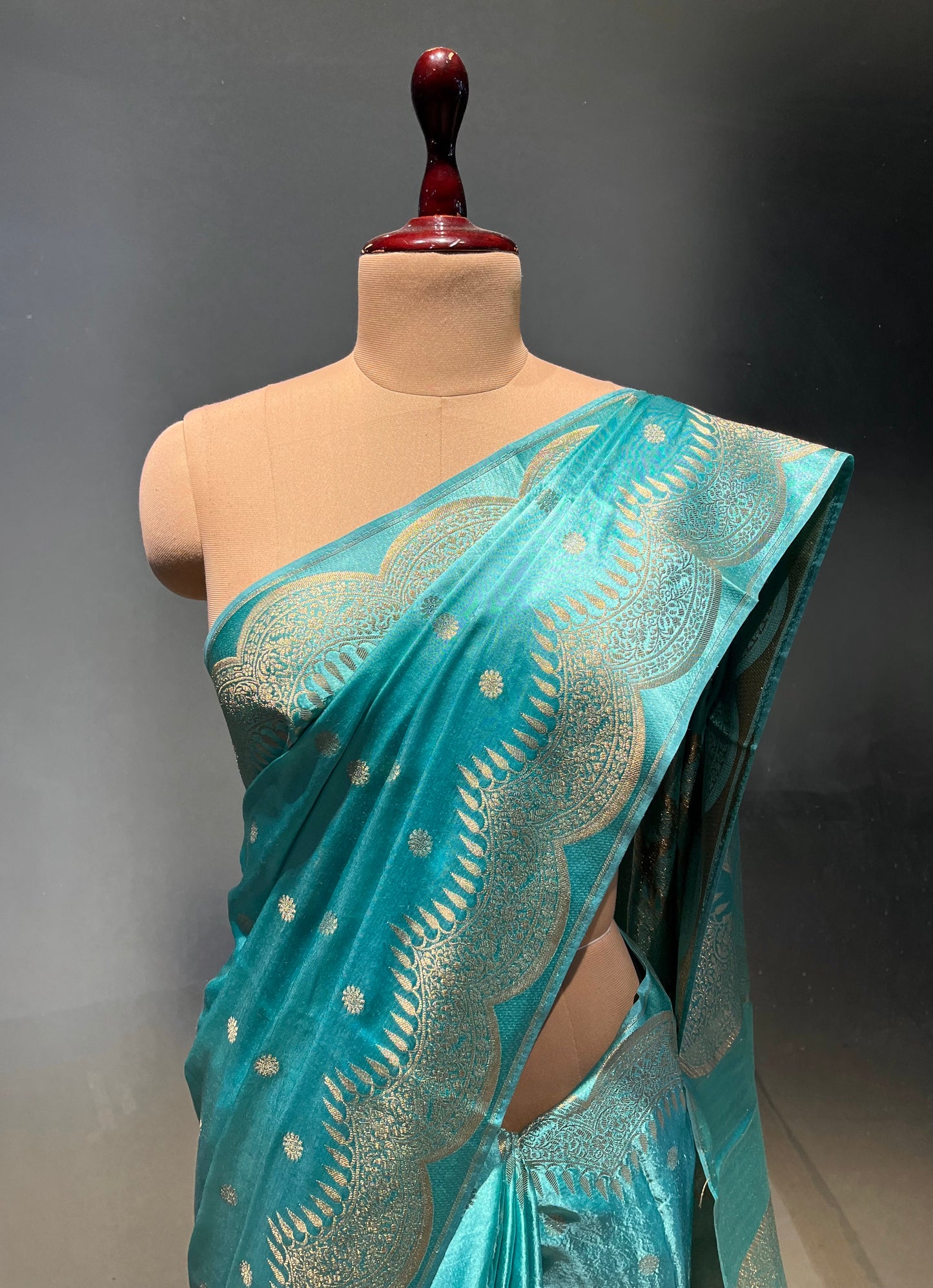 TURQUOISE COLOUR SATIN SILK SAREE EMBELLISHED WITH ZARI WEAVES