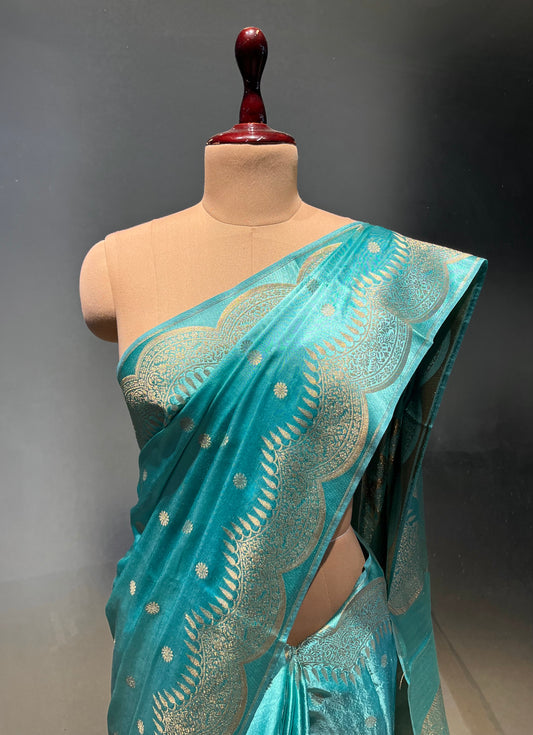 TURQUOISE COLOUR SATIN SILK SAREE EMBELLISHED WITH ZARI WEAVES