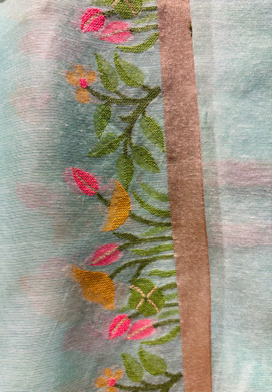 AQUA BLUE COTTON JAMDANI UNSTITCHED SUIT SET WITH DUPATTA (NO BOTTOMS)