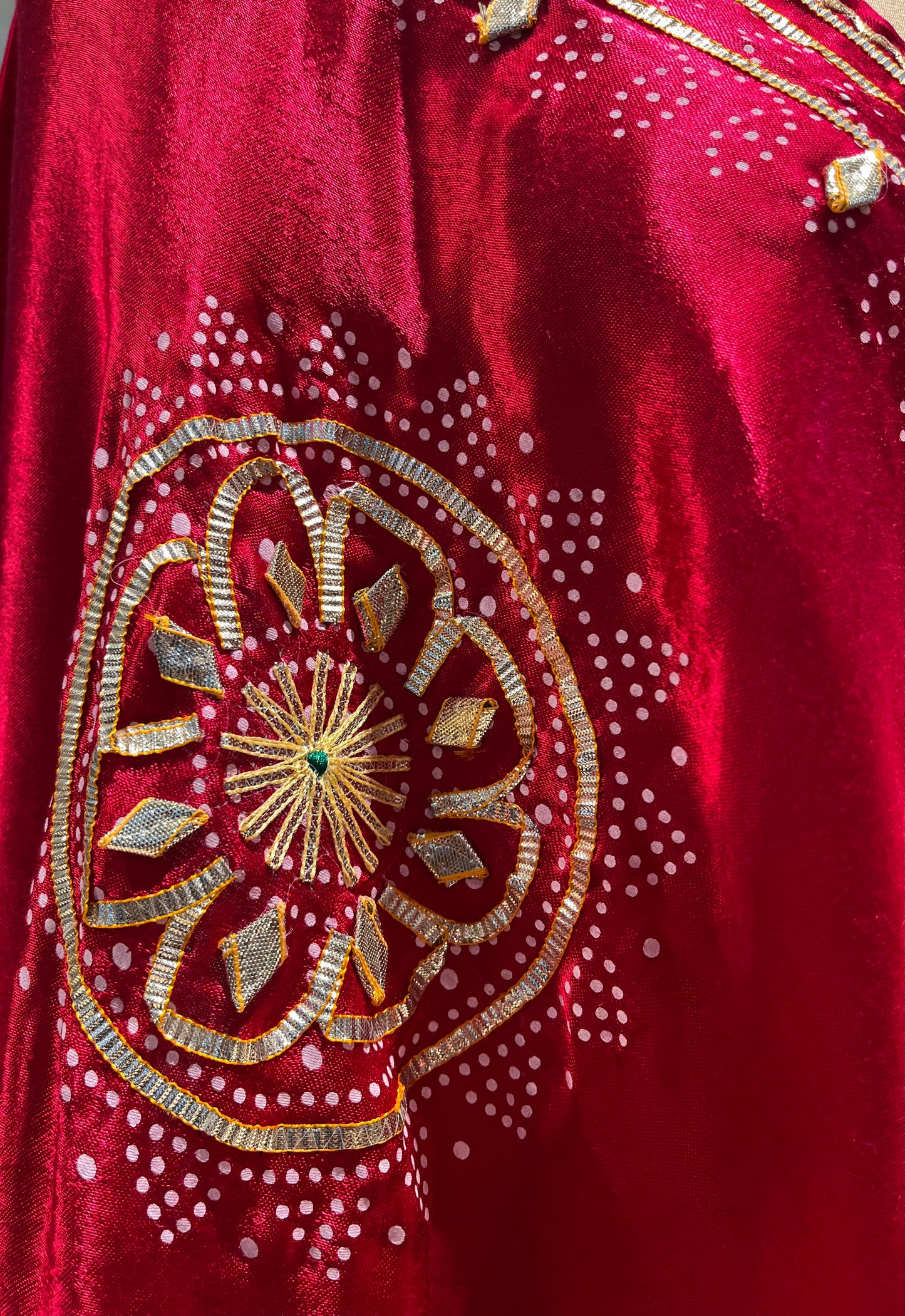 HOT PINK COLOUR GAJJI SILK BANDHANI LEHENGA WITH UNSTITCHED BLOUSE EMBELLISHED WITH GOTA PATTI WORK - Kothari Sons