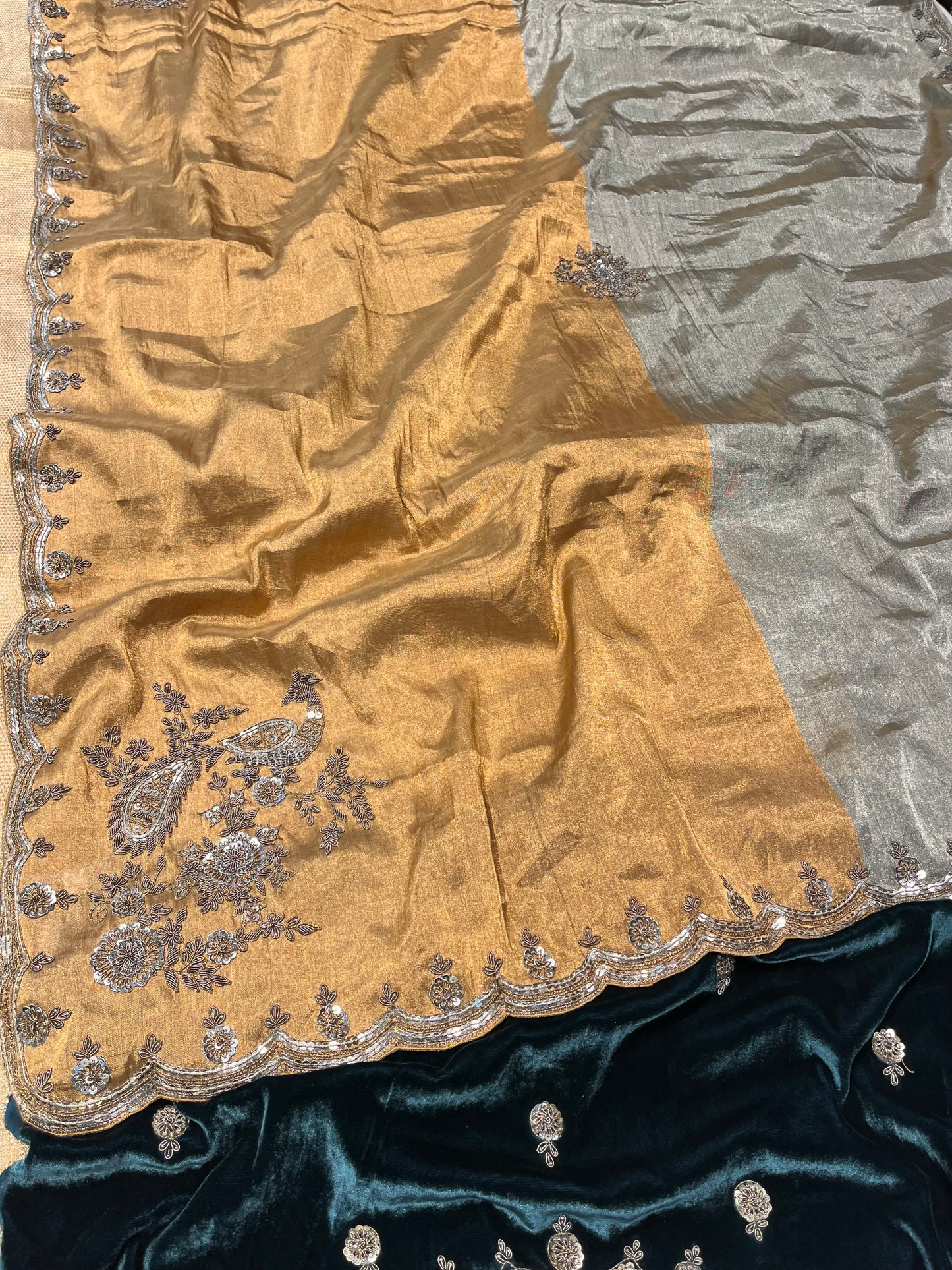GOLDEN SILVER CHANDERI TISSUE ANTIQUE ZARI EMBROIDERED SAREE WITH TEAL BLUE COLOR VELVET BLOUSE