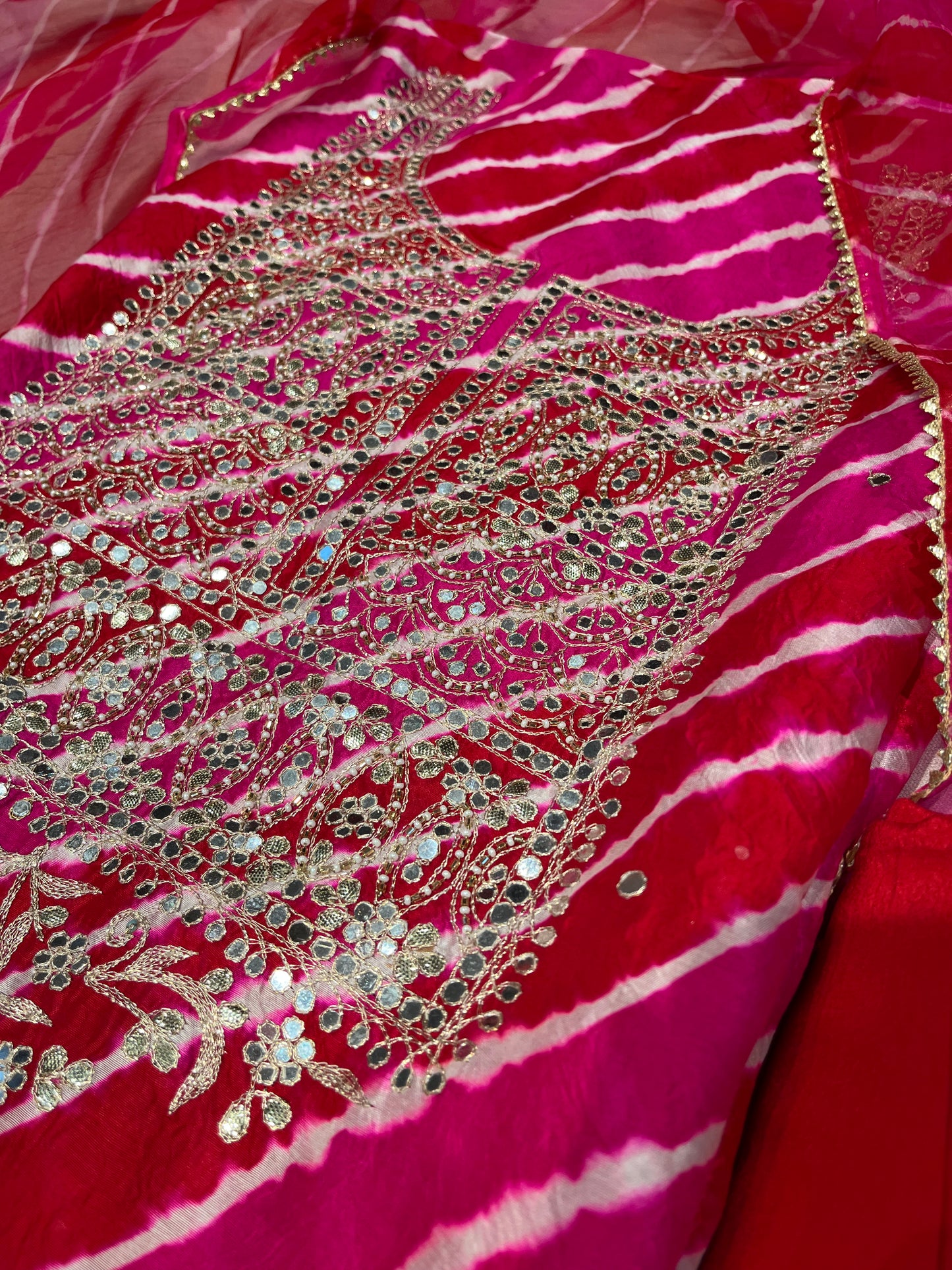 RANI RED LEHERIYA MIRROR WORK UNSTITCHED SUIT WITH ORGANZA LEHERIYA DUPATTA & PURE CREPE BOTTOM (DELIVERY IN 30 DAYS)