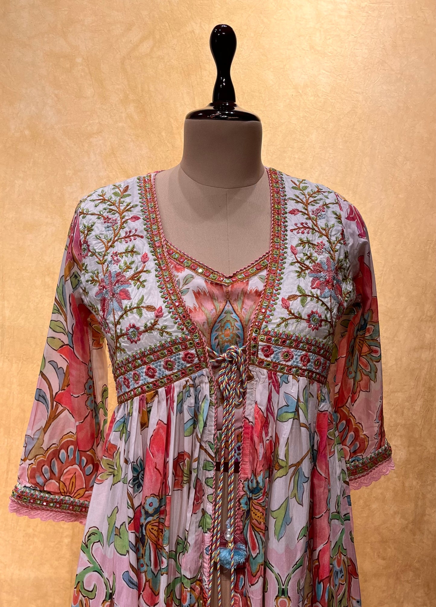 PINK COLOUR MUSLIN SILK PANT WITH CROP TOP AND SHRUG EMBELLISHED WITH MIRROR FOIL WORK