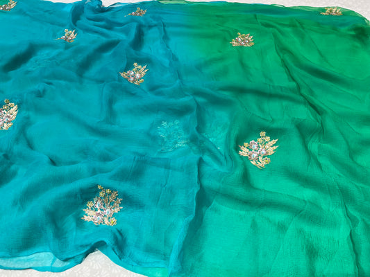 (DELIVERY IN 25 DAYS) CHIFFON SHADED PURE CHIFFON HAND EMBROIDERED SAREE EMBELLISHED WITH AARI & CUTDANA WORK