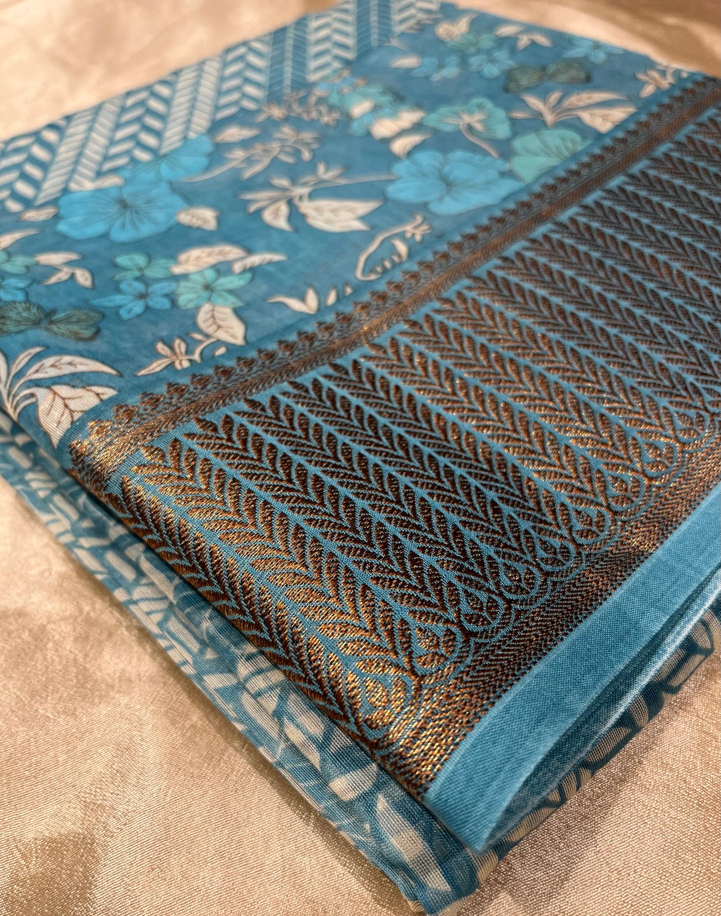 TURQUOISE COLOUR COTTON SILK PRINTED SAREE WITH ZARI BORDER