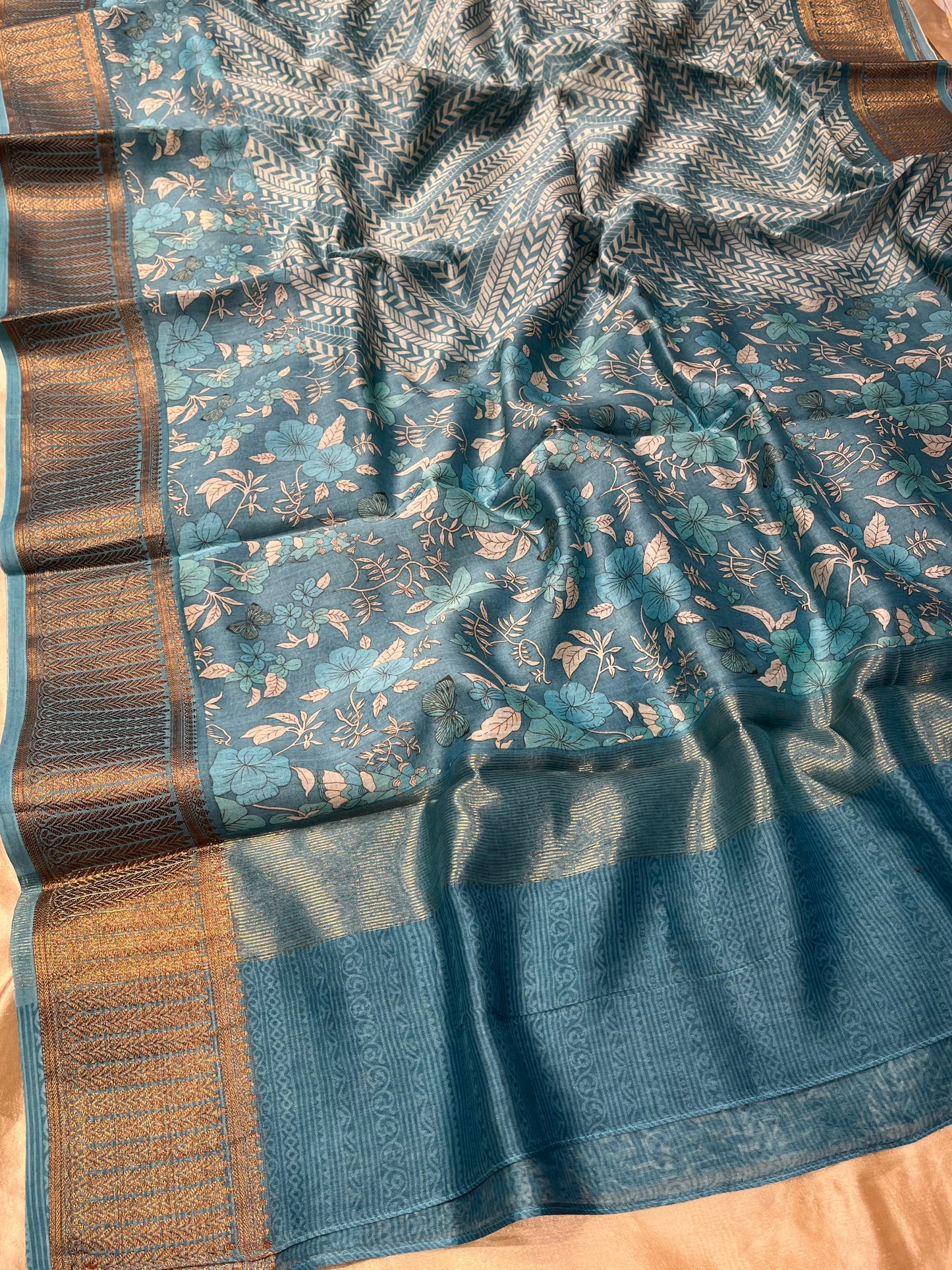 TURQUOISE COLOUR COTTON SILK PRINTED SAREE WITH ZARI BORDER
