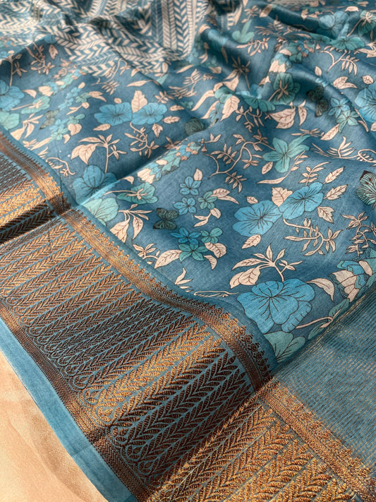 TURQUOISE COLOUR COTTON SILK PRINTED SAREE WITH ZARI BORDER