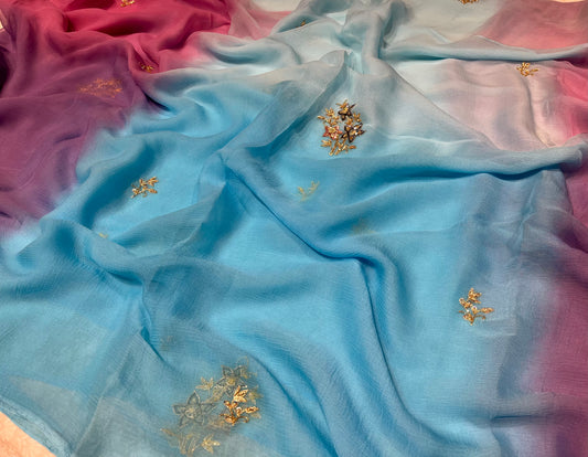 ( DELIVERY IN 25 DAYS ) SHADED CHIFFON HAND EMBROIDERED SAREE EMBELLISHED WITH ZRDOSI WORK