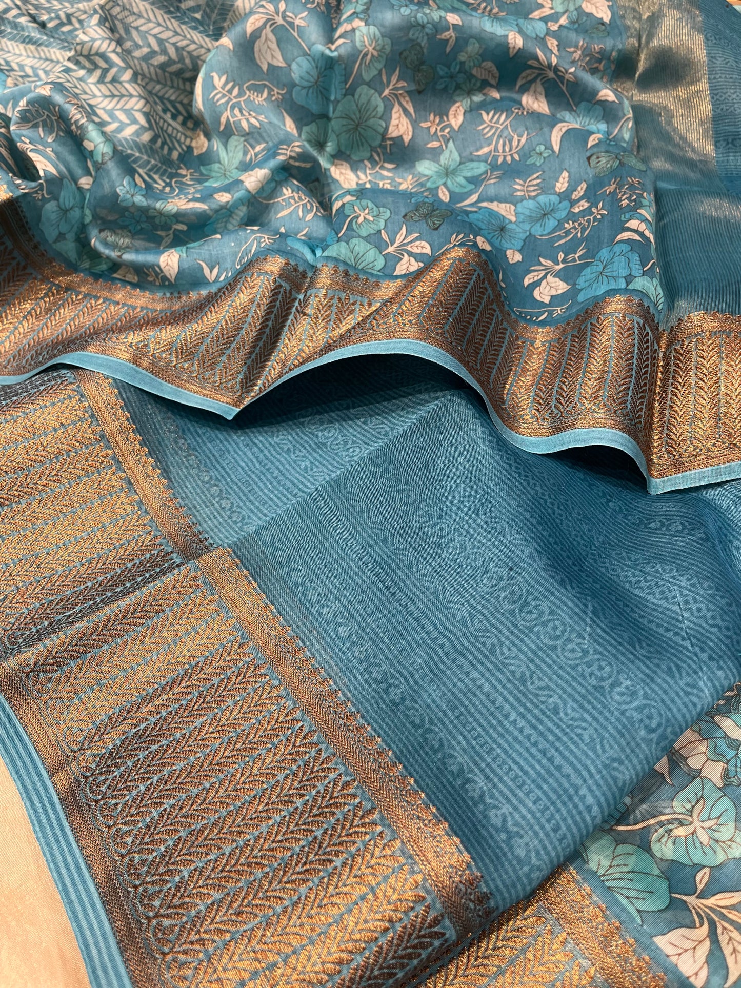TURQUOISE COLOUR COTTON SILK PRINTED SAREE WITH ZARI BORDER