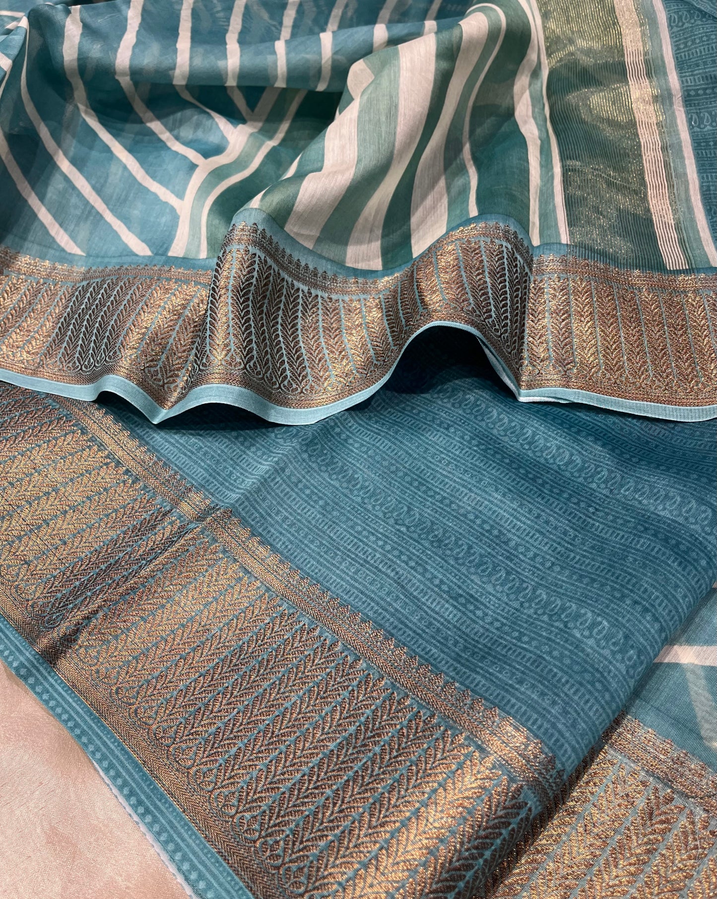TURQUOISE COLOUR COTTON SILK SAREE WITH ZARI BORDER