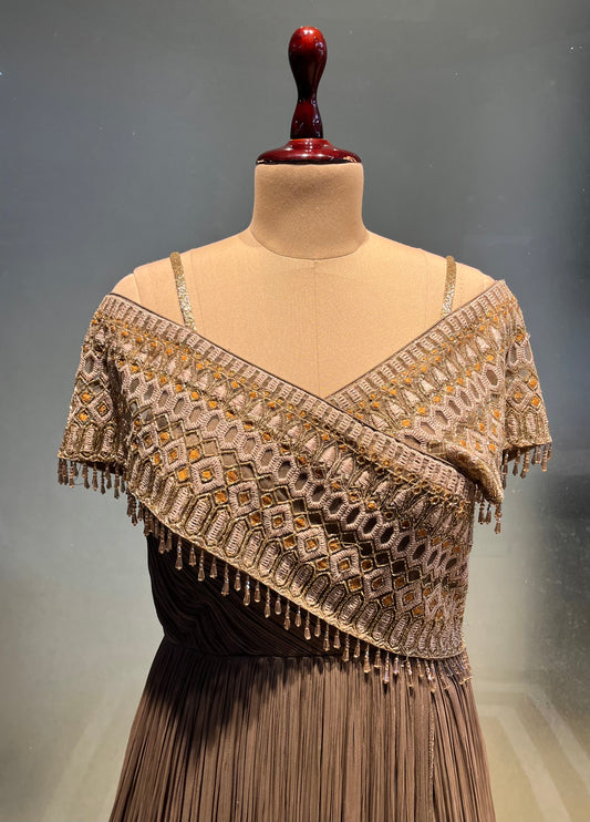 BEIGE COLOUR CHINON FLORAL LENGHT GOWN