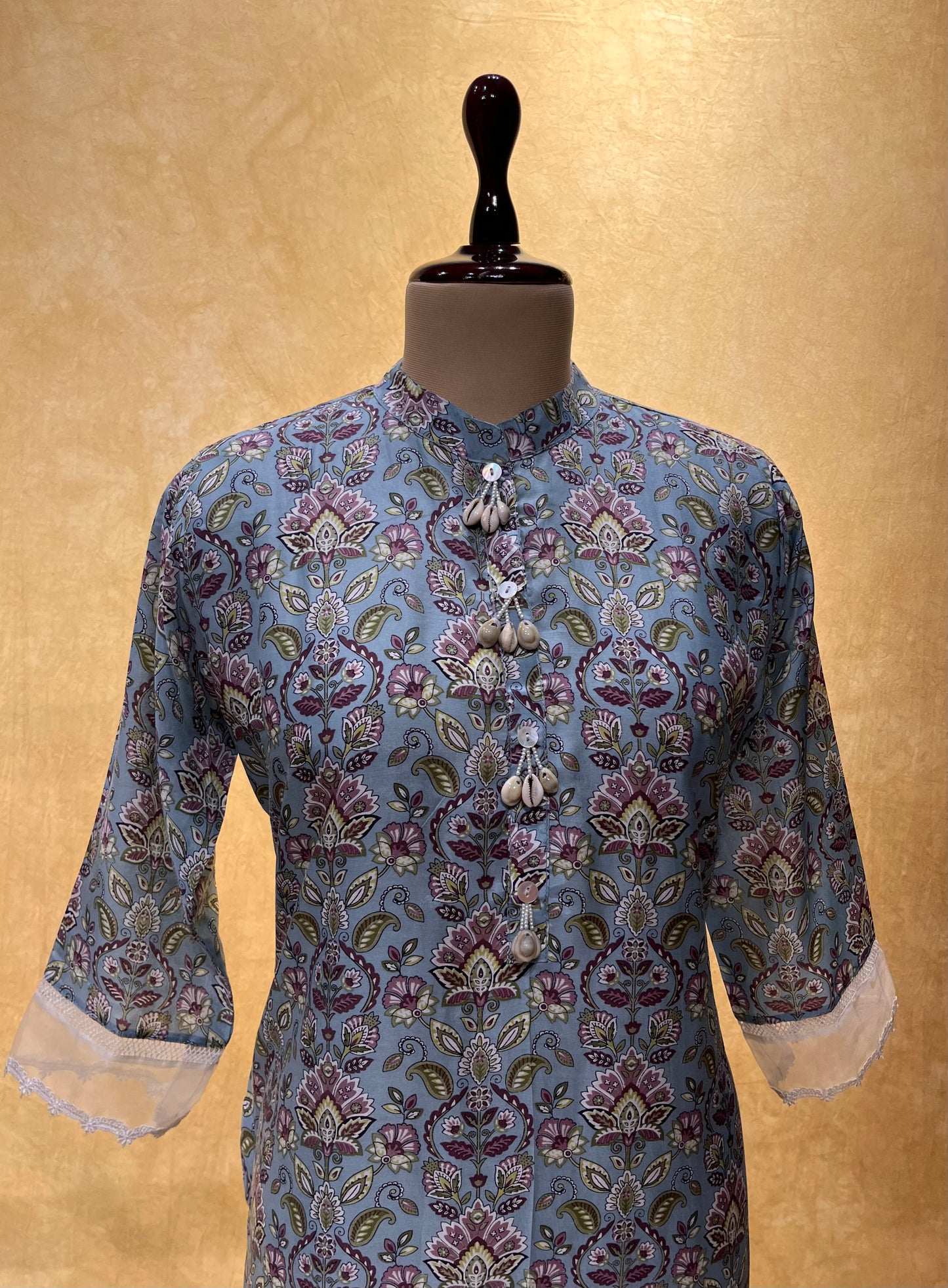 GREY BLUE COLOUR MUSLIN SILK PRINTED KURTA SET