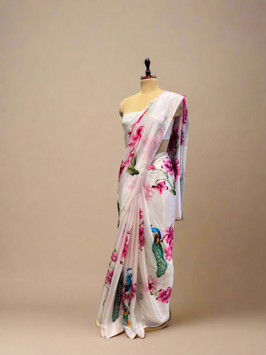 OFF-WHITE PRINTED HABUTAI SILK SAREE