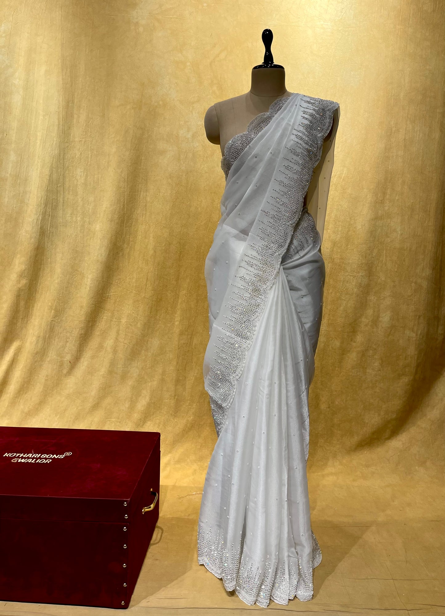 WHITE COLOR ORGANZA TISSUE EMBROIDERED SAREE EMBELLISHED WITH PEARL & STONE WORK