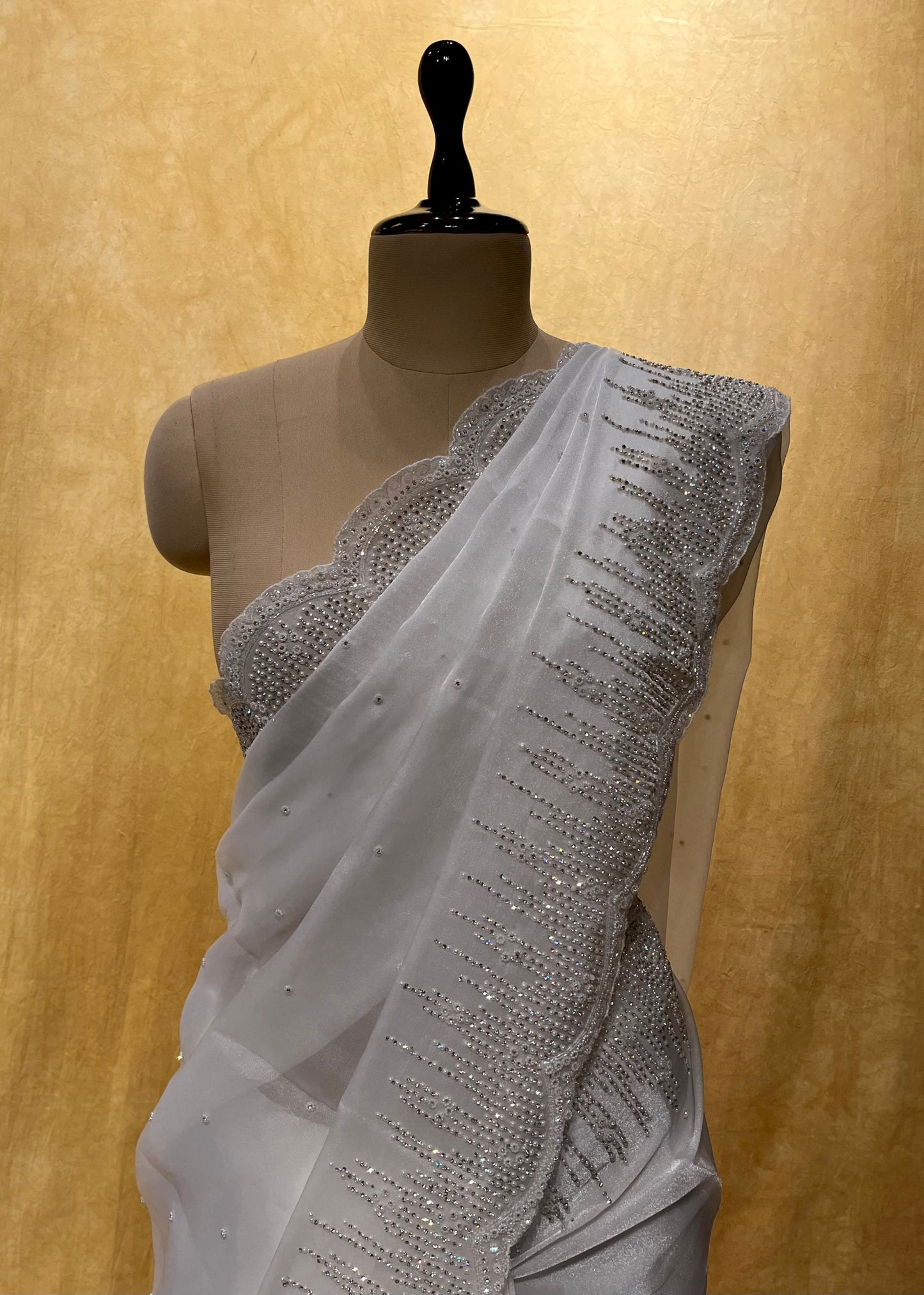 WHITE COLOR ORGANZA TISSUE EMBROIDERED SAREE EMBELLISHED WITH PEARL & STONE WORK