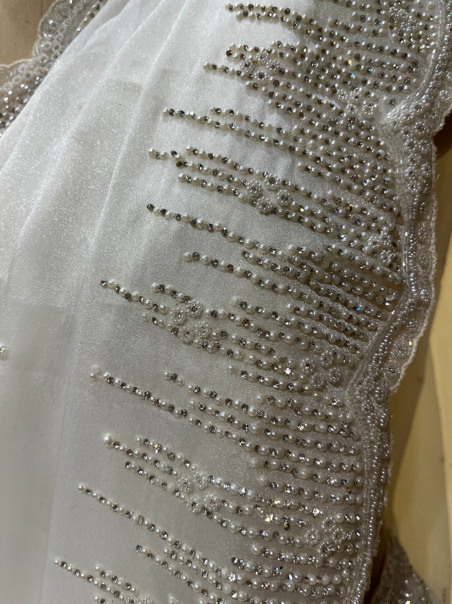 WHITE COLOR ORGANZA TISSUE EMBROIDERED SAREE EMBELLISHED WITH PEARL & STONE WORK