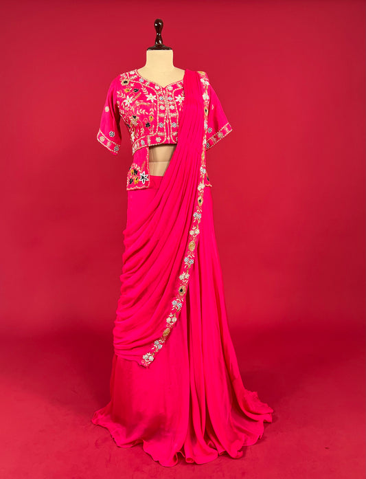 HOT PINK COLOUR CHINON READYMADE HAND EMBROIDERED SAREE EMBELLISHED WITH CUTDANA AND BEADS WORK