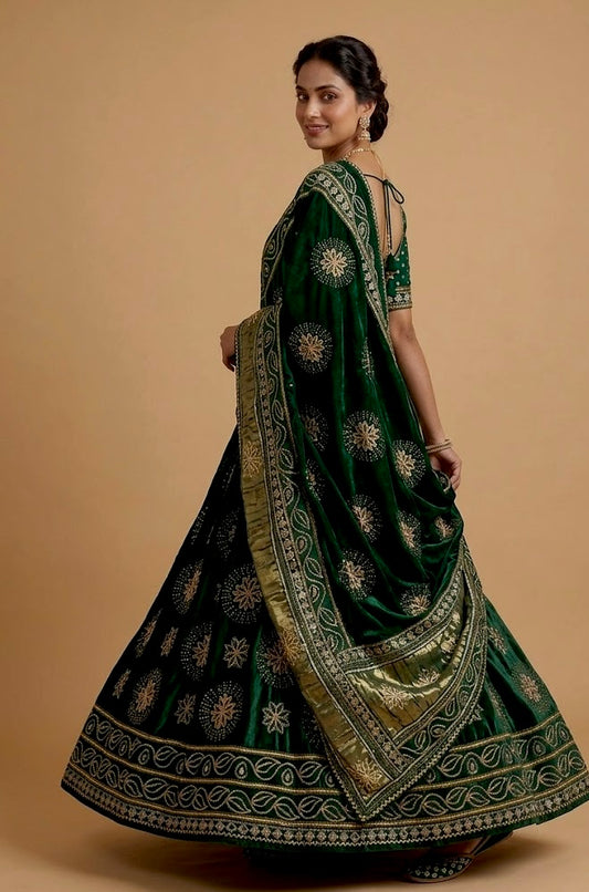 BOTTLE GREEN COLOUR GAJJI SILK BANDHANI LEHENGA WITH UNSTITCHED BLOUSE EMBELLISHED WITH GOTA PATTI WORK