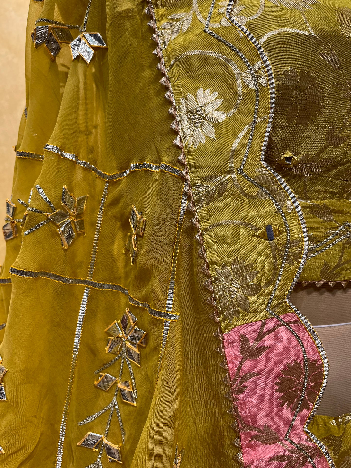MULTI COLOUR BANARASI SILK LEHENGA WITH ORGANZA DUPATTA EMBELLISHED WITH GOTA PATTI WORK