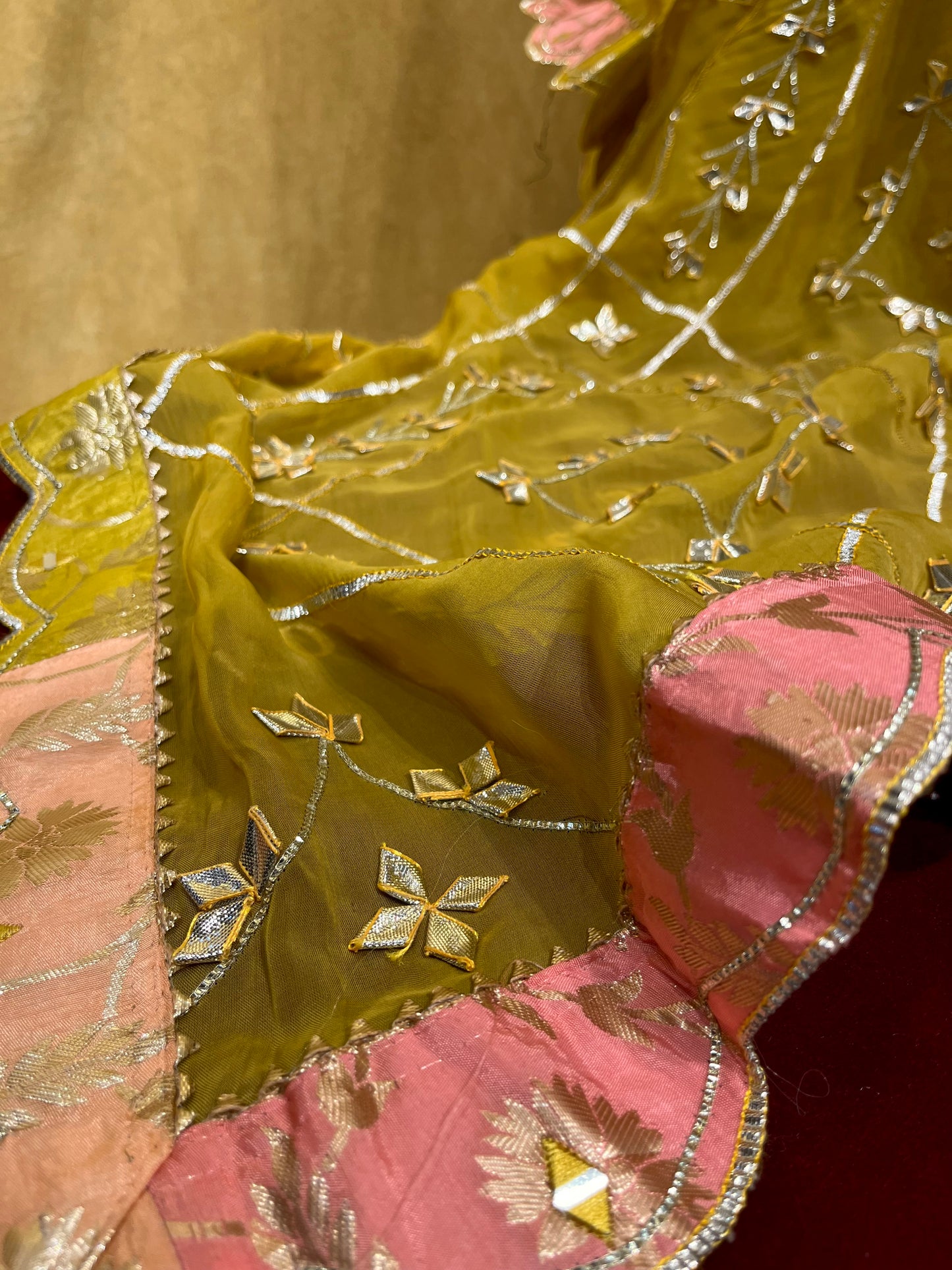 MULTI COLOUR BANARASI SILK LEHENGA WITH ORGANZA DUPATTA EMBELLISHED WITH GOTA PATTI WORK