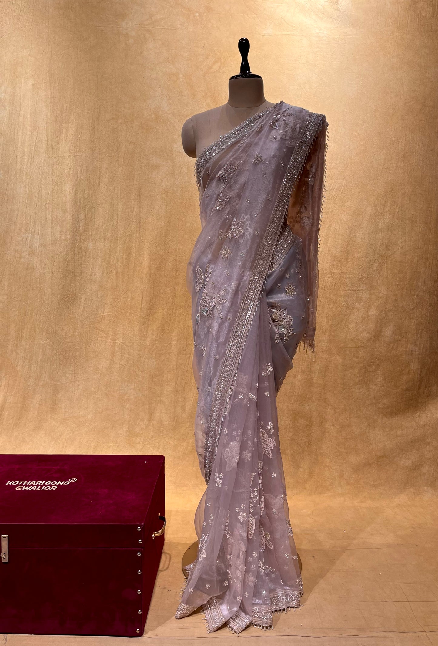 PASTEL PEACH COLOUR ORGANZA TISSUE HAND EMBROIDERED SAREE EMBELLISHED WITH CUTDANA, SEQUINS & ZARDOZI WORK