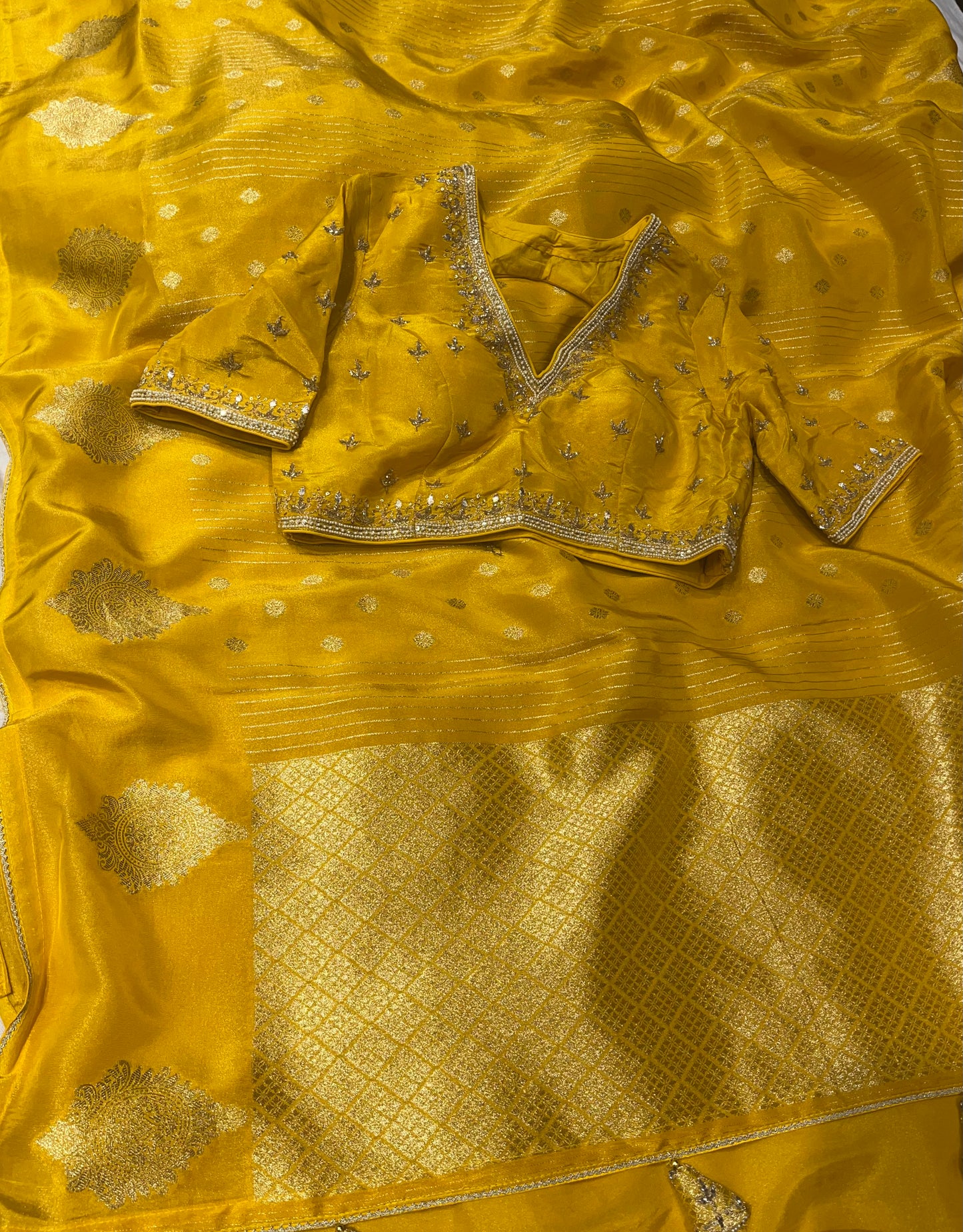 YELLOW DOLA TISSUE SILK SAREE WITH PEARL & CUTDANA EMBELLISHED READYMADE BLOUSE