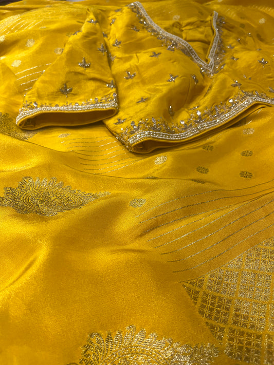 YELLOW DOLA TISSUE SILK SAREE WITH PEARL & CUTDANA EMBELLISHED READYMADE BLOUSE