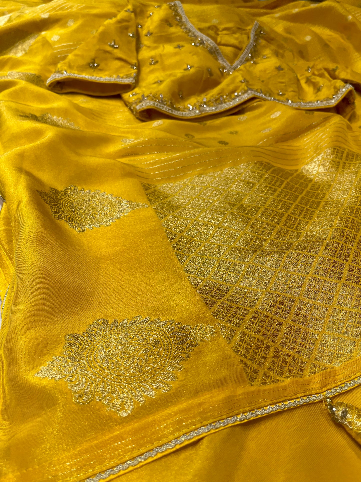 YELLOW DOLA TISSUE SILK SAREE WITH PEARL & CUTDANA EMBELLISHED READYMADE BLOUSE
