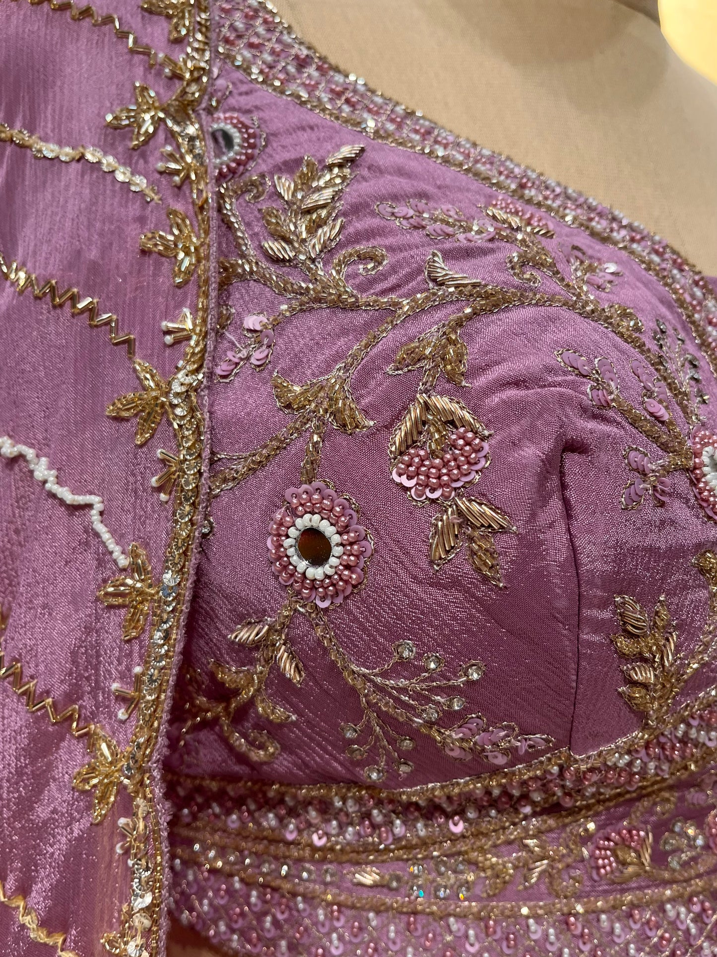 LEVANDER COLOR CHINON LEHENGA WITH CROP TOP BLOUSE EMBELLISHED WITH CUTDANA, ZARDOZI & SEQUINS WORK