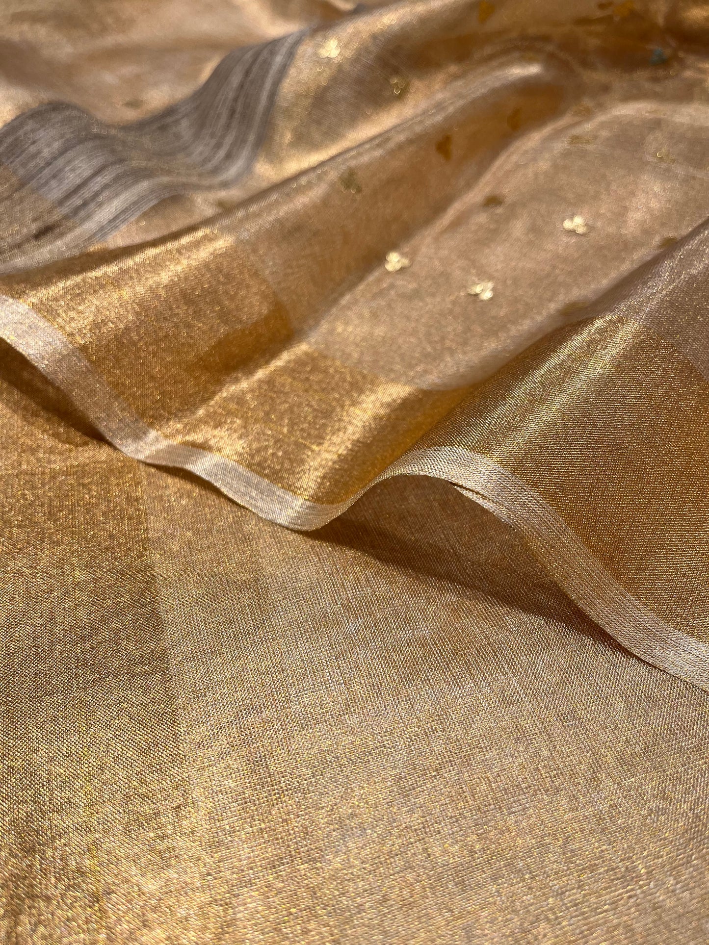 GOLDEN COLOUR TISSUE SAREE WITH SEQUINS WEAVE & ZARI BORDER