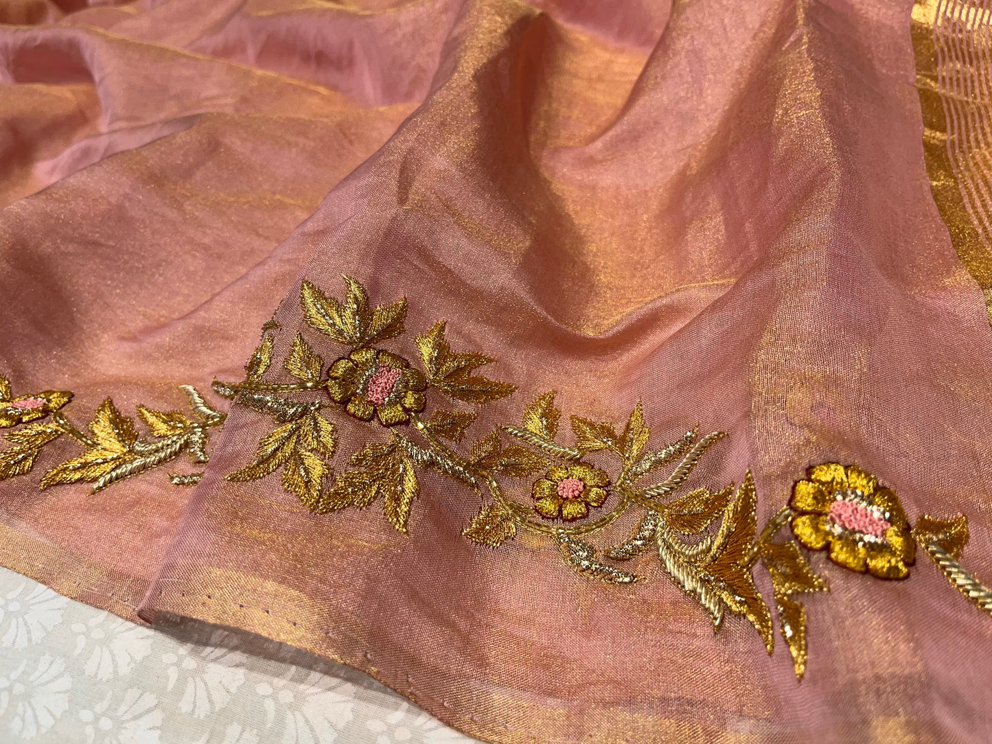 PINK COLOUR PURE CHANDERI TISSUE HAND EMBROIDERED SAREE EMBELLISHED WITH ZARI & CUTDANA WORK