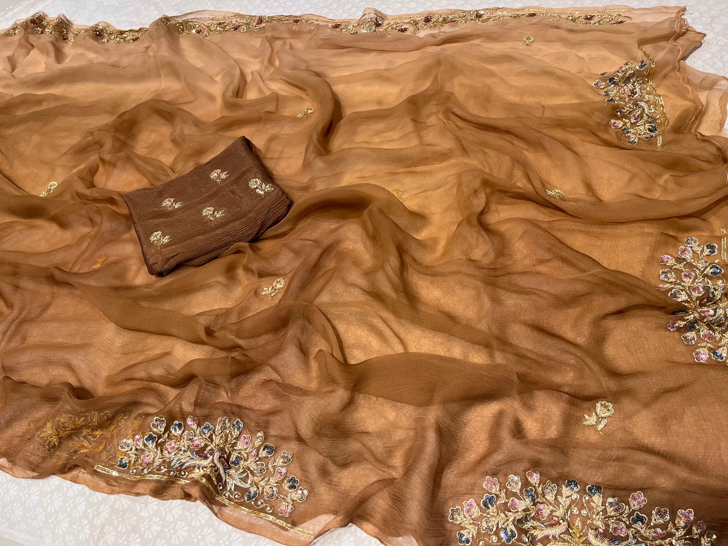 ( DELIVERY IN 20-25 DAYS ) BROWN SHADED CHIFFON HAND EMBROIDERED SAREE EMBELLISHED WITH ZARDOZI WORK