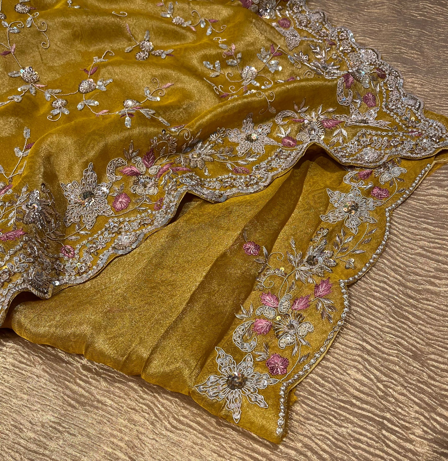 ( DELIVERY IN 30 DAYS ) MUSTARD COLOUR TISSUE EMBROIDERED SAREE EMBELLISHED WITH SEQUINS ZARDOZI PEARL WORK