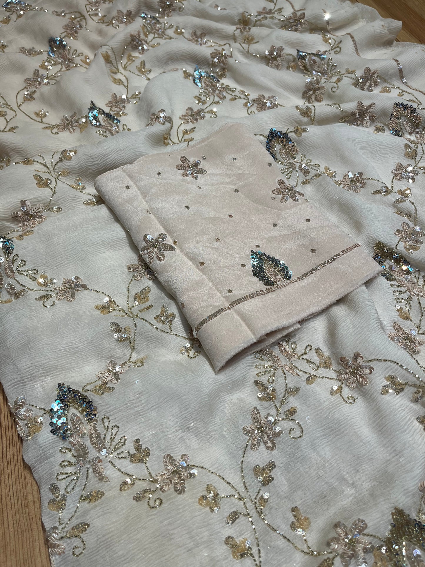 ( DELIVERY IN 30 DAYS ) IVORY COLOUR PURE CHIFFON HAND EMBROIDERY SAREE