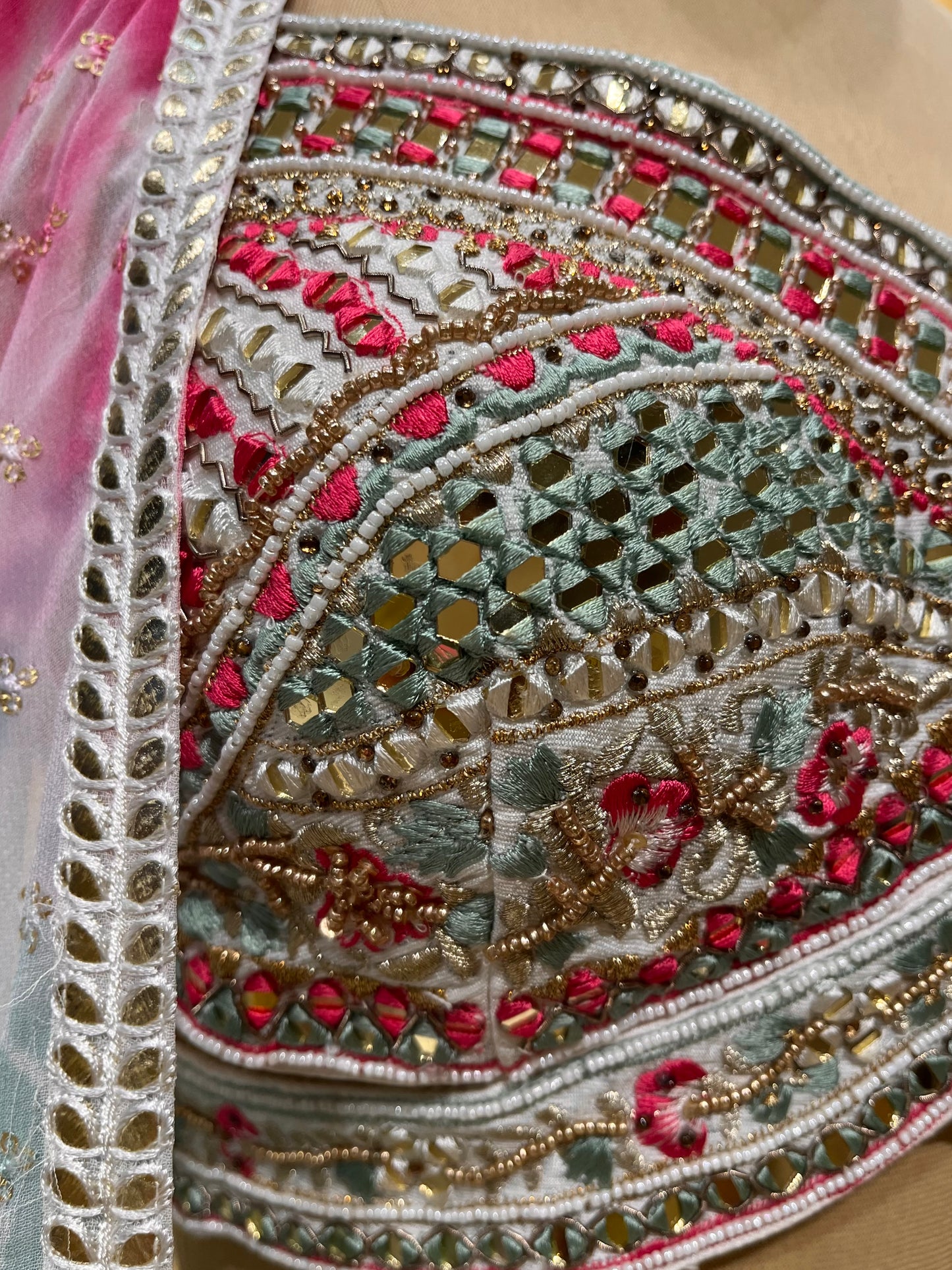 WHITE COLOUR GEORGETTE PALAZZO WITH EMBROIDERED CROP TOP BLOUSE & SHRUG EMBELLISHED WITH MIRROR WORK