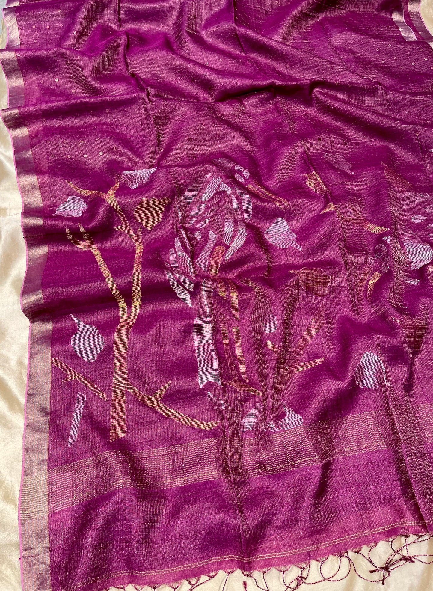 WINE COLOUR PURE TUSSAR TISSUE SAREE WITH SEQUINS WEAVES