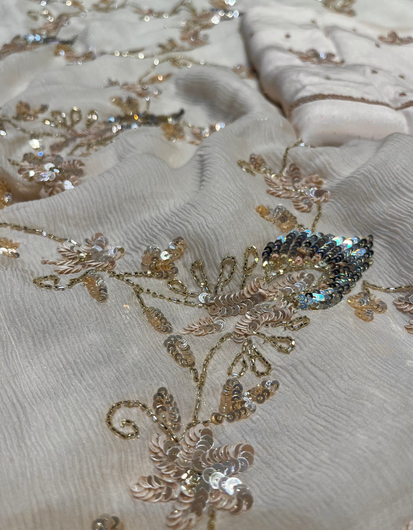 ( DELIVERY IN 30 DAYS ) IVORY COLOUR PURE CHIFFON HAND EMBROIDERY SAREE