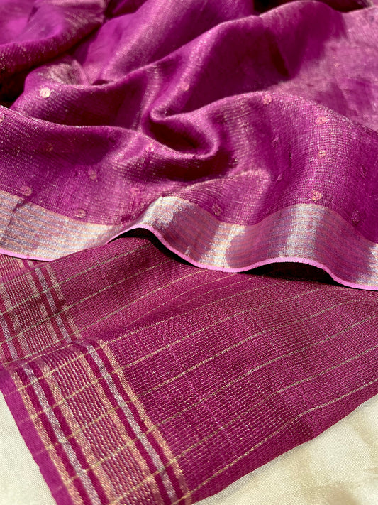 WINE COLOUR PURE TUSSAR TISSUE SAREE WITH SEQUINS WEAVES