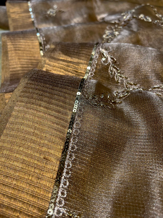GOLDEN COLOUR MACLINO HAND EMBROIDERED SAREE EMBELLISHED WITH ZARDOZI & SEQUINS WORK ( DELIVERY IN 55 -60 DAYS )